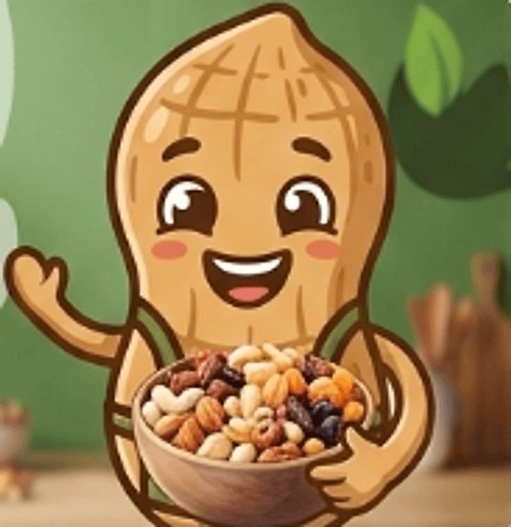 Cascarini, la mascota de AuraNuts, sosteniendo un pocillo de frutos secos
